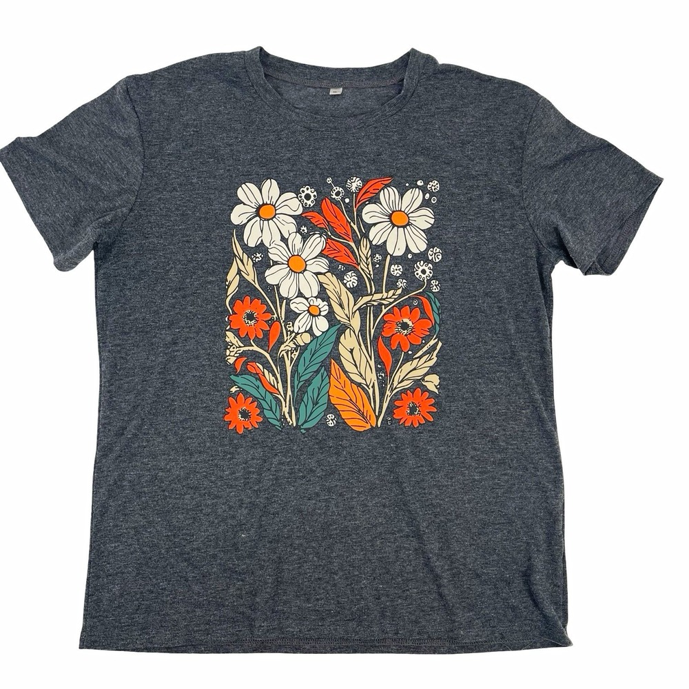 Women's XL Floral Graphic T Shirt Gray Orange Daisy Boho Retro Botanical Tee